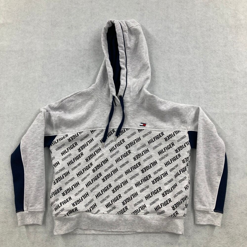 Tommy Hilfiger M Gray All Over Logo Pullover Hoodie Sweatshirt